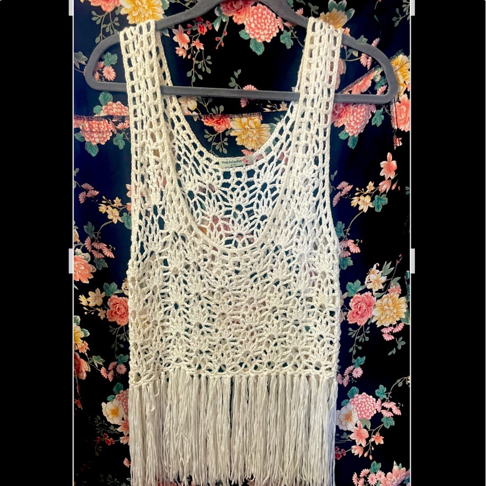 Beige Macrame Tank/ Tunic with Long Fringe.Crochet Woman'sTunic
